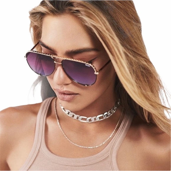 QUAY High Key Sunglasses Rivet Aviators Gold Frame Purple Pink Gradient Lenses - Picture 4 of 9